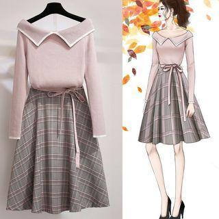 Set: Collared Sweater + Plaid A-line Skirt