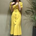 Buttoned V-neck A-line Dress