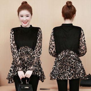 Mock Two-piece Leopard Pattern Long-sleeve Top