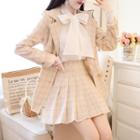 Long-sleeve Ribbon Buttoned Blouse / Plaid Blazer / A-line Mini Pleated Skirt / Set