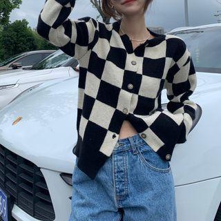 Checkerboard Pattern Cardigan Plaid - Black & White - One Size