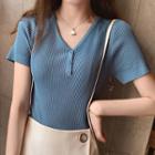 Short-sleeve Buttoned Placket Ribbed Knit Top
