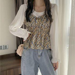 Mock Two-piece Long-sleeve Floral Print Peplum Blouse