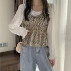 Mock Two-piece Long-sleeve Floral Print Peplum Blouse
