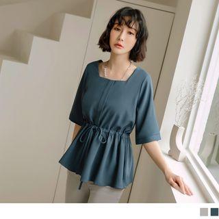 Elbow-sleeve Square Neck Drawstring Waist Peplum Tunic