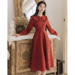 Ruffle Trim Collar Midi A-line Dress
