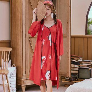 Set: Spaghetti Strap Crane Print Night Dress + Robe
