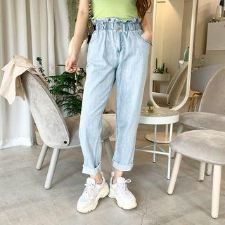 Frilled Band-waist Distressed Baggy Jeans