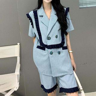 Set: Elbow-sleeve Double-breasted Frill Trim Blazer + Wide Leg Shorts
