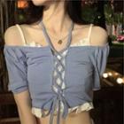 Set: Puff-sleeve Halter Lace-up Top + Camisole Top