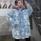 Furry Trim Tie-dyed Hooded Padded Jacket