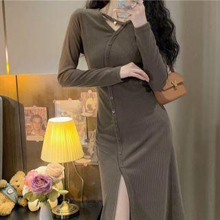 Long-sleeve Cutout Single-breasted Midi Dress