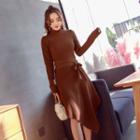 Long-sleeve Mock-neck Asymmetric A-line Knit Dress