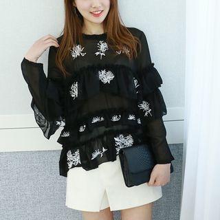 Ruffle-tiered Floral Chiffon Blouse