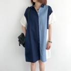 Short-sleeve Color Block Midi Shirtdress Blue - One Size