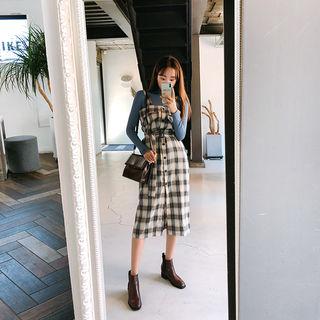 Buttoned Belted Plaid Long Pinafore Dress