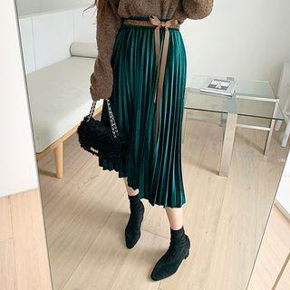 Beribboned Velvet Long Pleated Skirt
