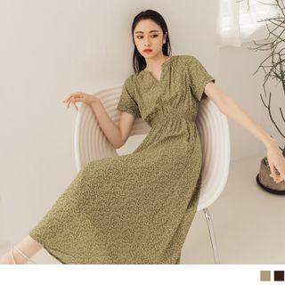 Short Sleeve V-neck Floral Chiffon Midi A-line Dress
