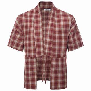 Set: Plaid Short-sleeve Tie-closure Jacket + Shorts