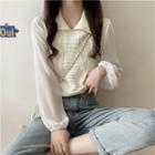 Chiffon Sleeve Cable Knit Panel Polo Blouse
