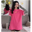 Mock Two-piece Long-sleeve Moon Print T-shirt As Shown In Figure - One Size