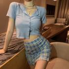 Short-sleeve Button-up Knit Top / Plaid Skirt