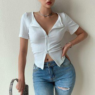 Zip-front Short-sleeve Ribbed Knit Top