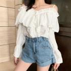 Off-shoulder Ruffle-trim Long-sleeve Top White - Top - One Size