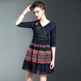 Elbow Sleeve Embroidered A-line Denim Dress