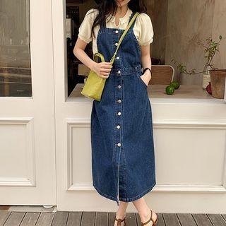Puff-sleeve Ruffled Blouse / Denim Overall Dress