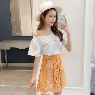Set: Letter Embroidered Off Shoulder Short Sleeve T-shirt + Lace A-line Skirt