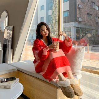 Plunge-neck Stripe Long Sweater Dress
