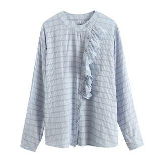 Long-sleeve Asymmetric Buttoned Ruffled Striped Top