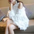 Cutout Shoulder Fringed Trim Long-sleeve Dress