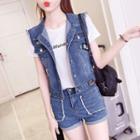 Patch Embroidered Denim Vest / High Waist Denim Shorts