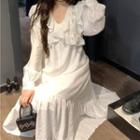 Long-sleeve Ruffle Trim Midi Dress White - One Size