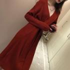 V-neck Long-sleeve A-line Knit Dress Wine Red - One Size