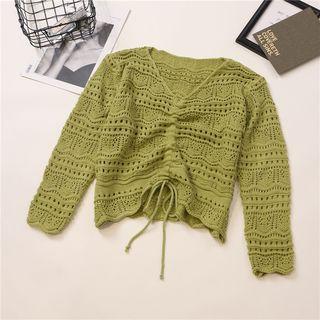V-neck Drawstring Cropped Pointelle Knit Top