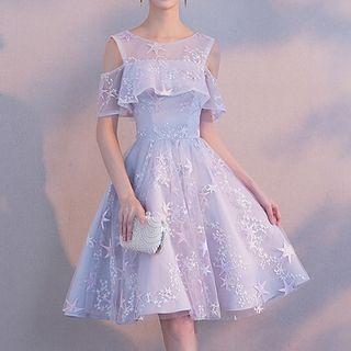 Star Embroidered Cold Shoulder Short-sleeve A-line Cocktail Dress