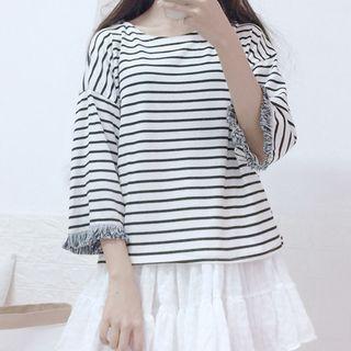 Fringed 3/4-sleeve Striped T-shirt