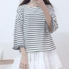 Fringed 3/4-sleeve Striped T-shirt