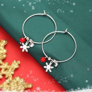 Rhinestone Snowflake Dangle Earring 1 Pair - Red Bead - Silver - One Size