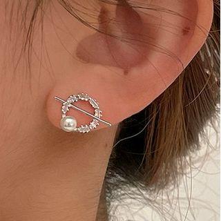 Rhinestone Hoop Stud Earring 1 Pair - 925 Silver - Silver - One Size
