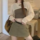 Set: Long-sleeve Shrug + Cropped Camisole Top Set Of 2 - Shrug & Camisole - Almond & Stripes - Brown - One Size