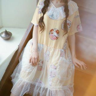 Short-sleeve Print Mesh Overlay Midi Dress Lantern - M