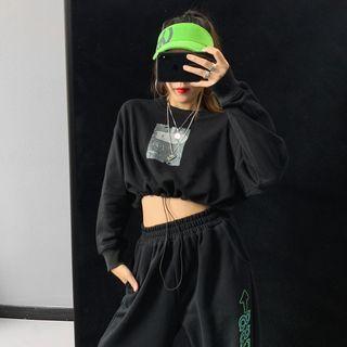 Drawstring-hem Printed Loose Top