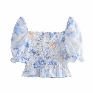 Square-neck Tie-dye Print Cropped Blouse