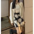 Plain Knit Cardigan / Tube Top / Tie-dyed Denim A-line Mini Skirt