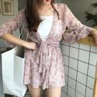 Set: Floral Print Elbow Sleeve Light Jacket + Camisole Top + Skort