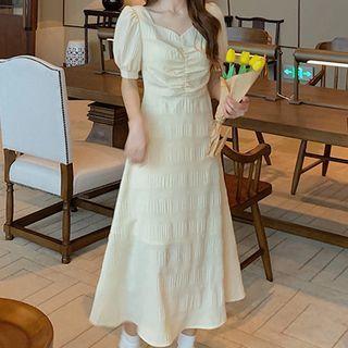 Puff-sleeve Crinkle Midi A-line Dress
